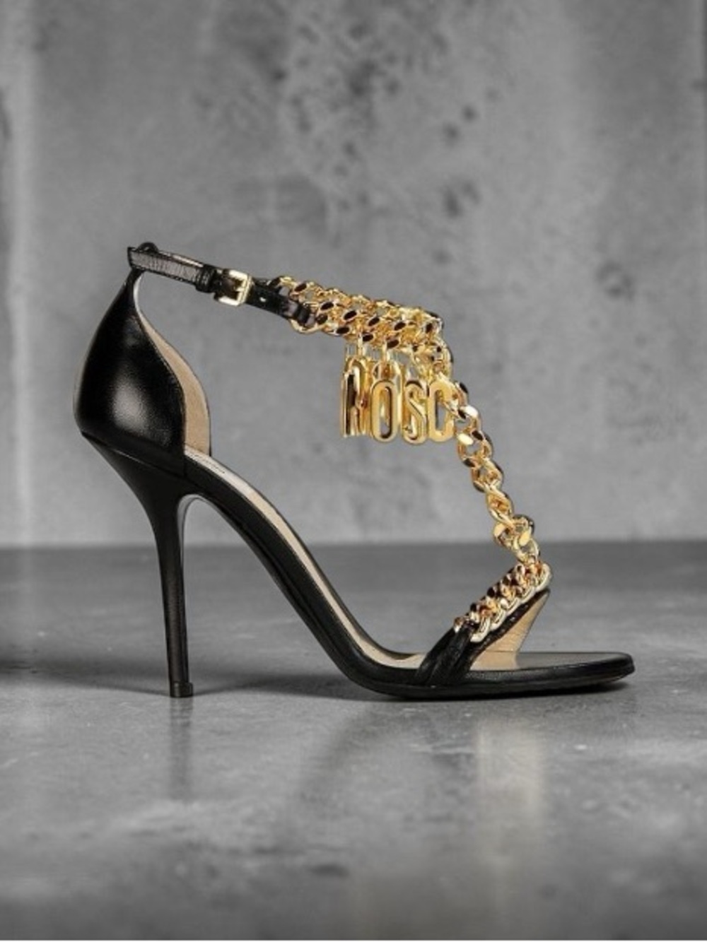 Moschino Black Leather High Heel Sandals with Gold Chain Charms